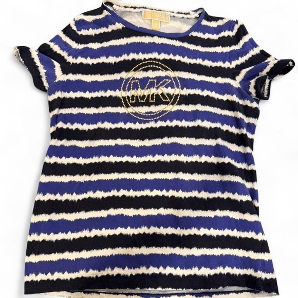 Michael Kors Tops - Michael Kors Womens Blue Black Striped Studded MK Logo T-Shirt Size Medium